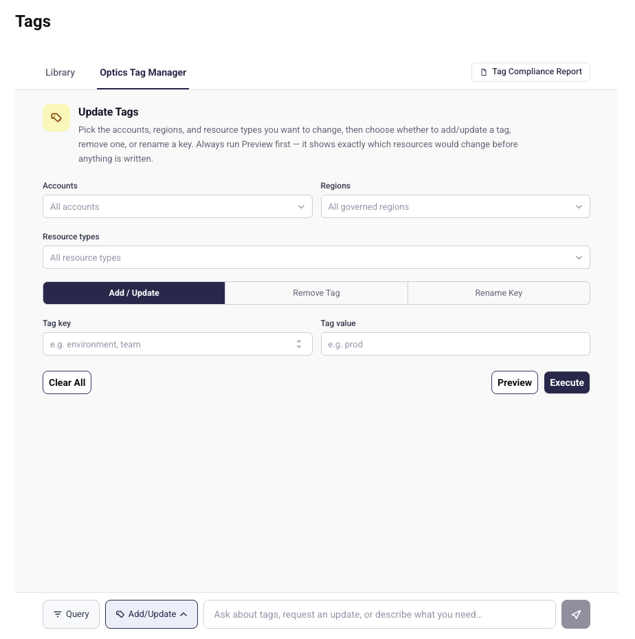 Optics Tag Manager interface